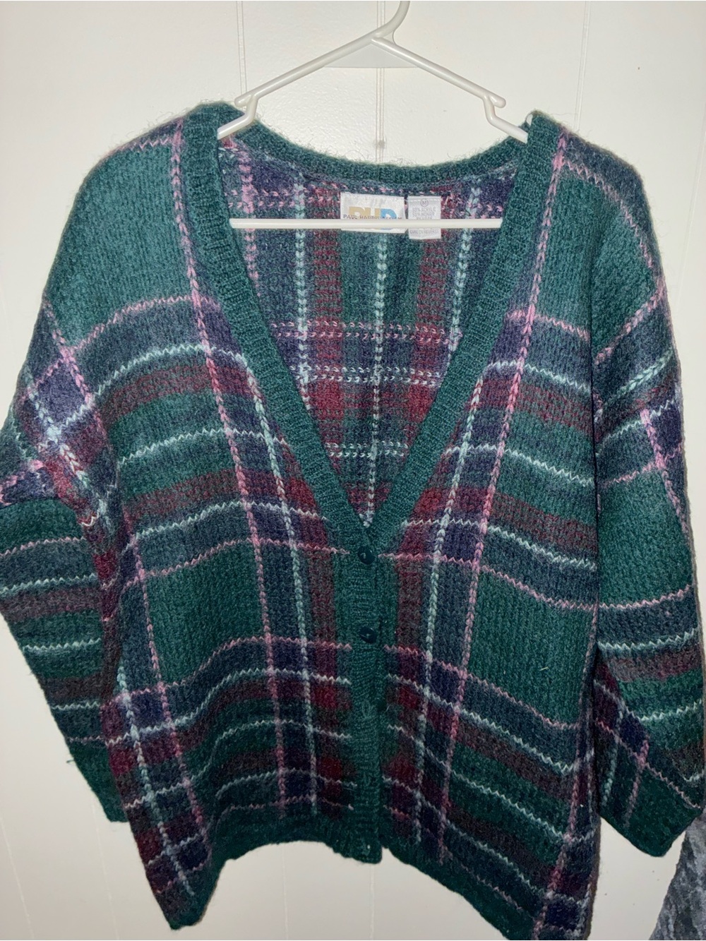 VTG 90s Paul Harris Design Plaid Mohair Blend Cardigan Sweater Shoulder Pads M